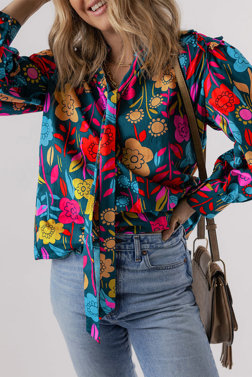 Floral Print Split Neck Puff Sleeve Cotton Blouse