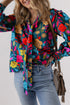 Floral Print Split Neck Puff Sleeve Cotton Blouse