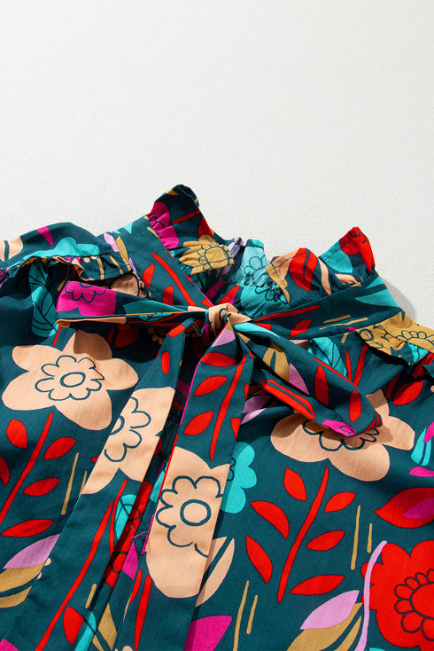 Floral Print Split Neck Puff Sleeve Cotton Blouse