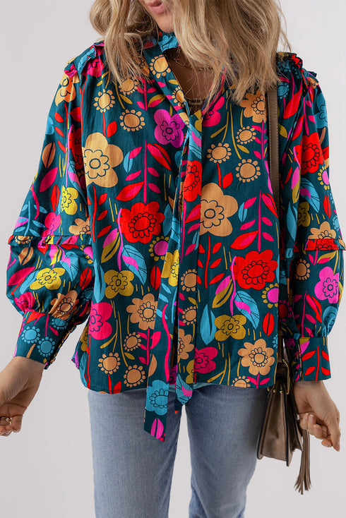 Floral Print Split Neck Puff Sleeve Cotton Blouse