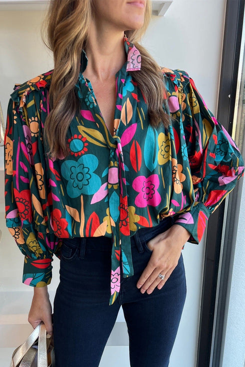 Floral Print Split Neck Puff Sleeve Cotton Blouse