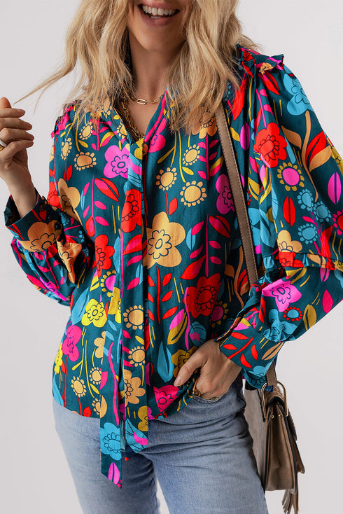 Floral Print Split Neck Puff Sleeve Cotton Blouse