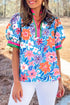 Floral Print Split Neck Puff Sleeve Woven Blouse