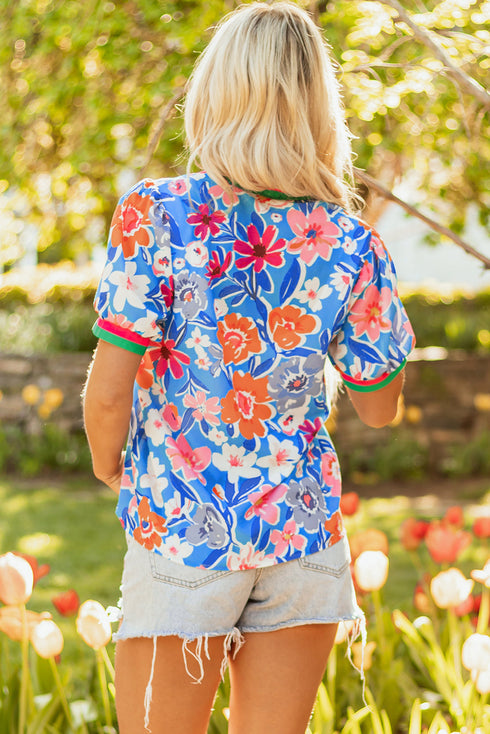 Floral Print Split Neck Puff Sleeve Woven Blouse
