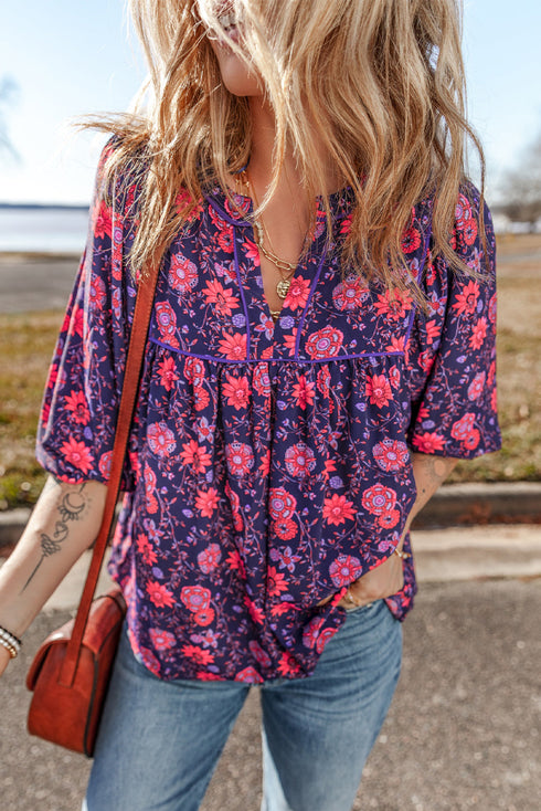 Floral Print Split Neck Relaxed Fit Woven Blouse