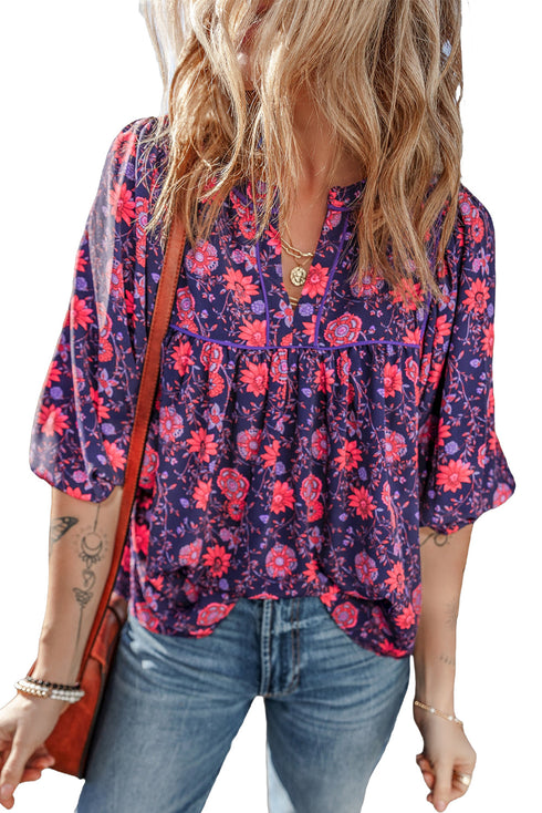 Floral Print Split Neck Relaxed Fit Woven Blouse