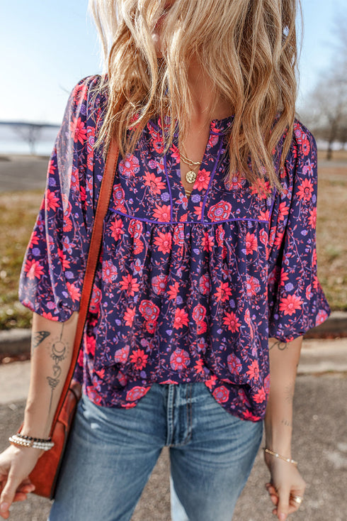 Floral Print Split Neck Relaxed Fit Woven Blouse