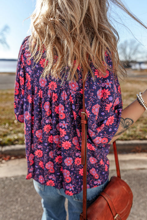Floral Print Split Neck Relaxed Fit Woven Blouse