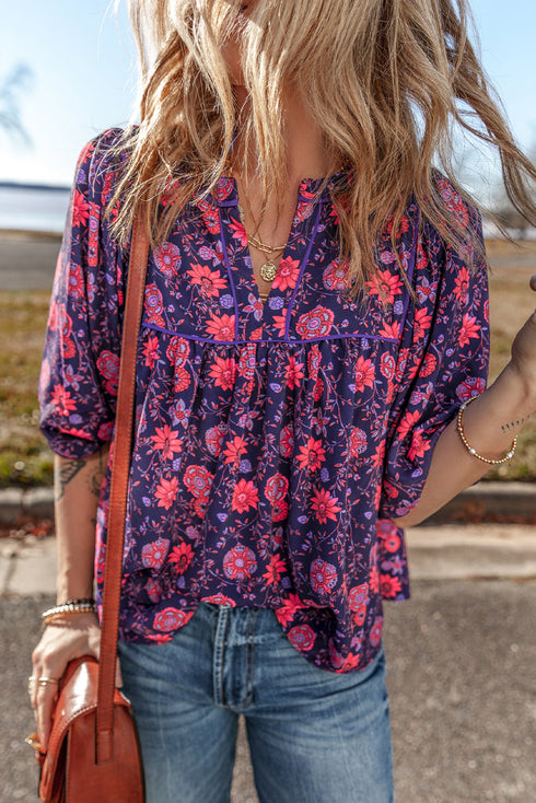 Floral Print Split Neck Relaxed Fit Woven Blouse