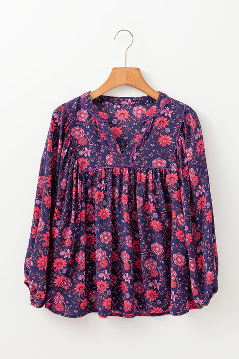 Floral Print Split Neck Relaxed Fit Woven Blouse