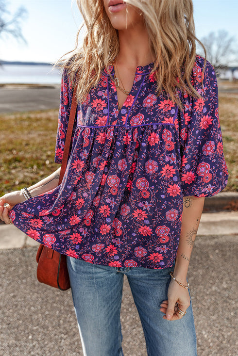 Floral Print Split Neck Relaxed Fit Woven Blouse