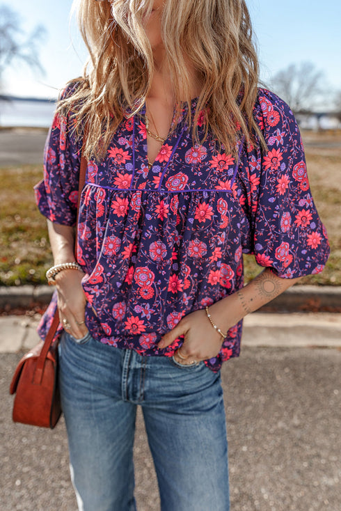 Floral Print Split Neck Relaxed Fit Woven Blouse