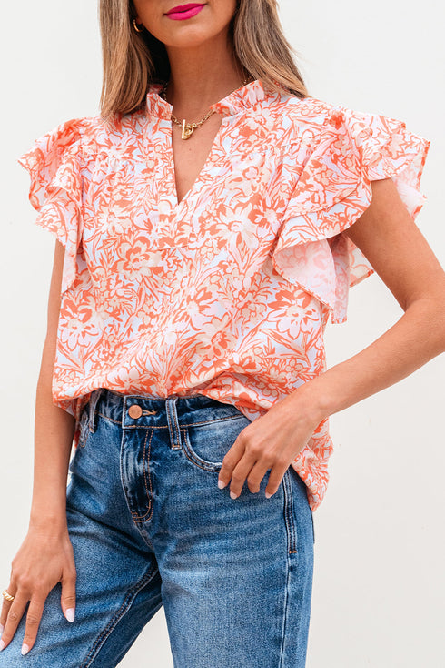 Floral Print Split Neck Ruffle Sleeve Woven Blouse