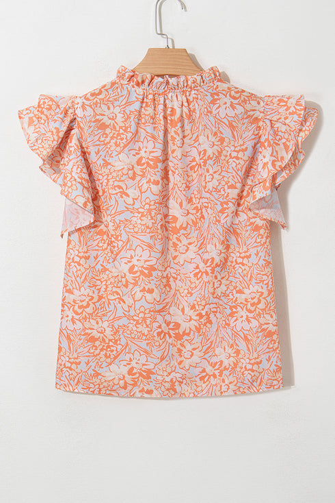 Floral Print Split Neck Ruffle Sleeve Woven Blouse