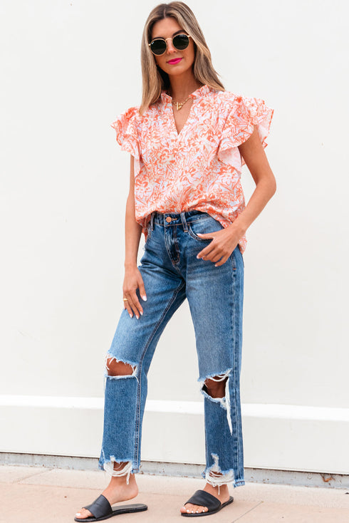 Floral Print Split Neck Ruffle Sleeve Woven Blouse
