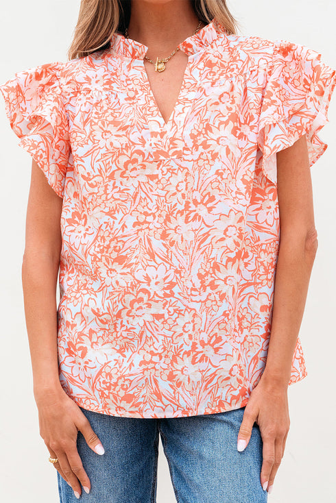Floral Print Split Neck Ruffle Sleeve Woven Blouse