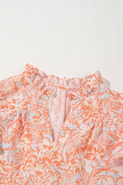 Floral Print Split Neck Ruffle Sleeve Woven Blouse