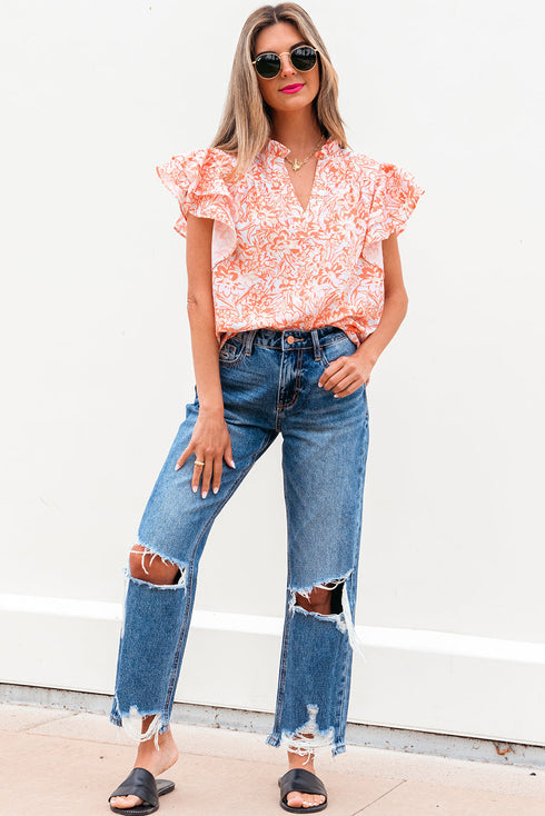 Floral Print Split Neck Ruffle Sleeve Woven Blouse