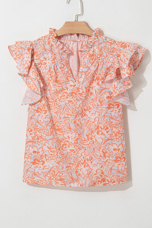 Floral Print Split Neck Ruffle Sleeve Woven Blouse
