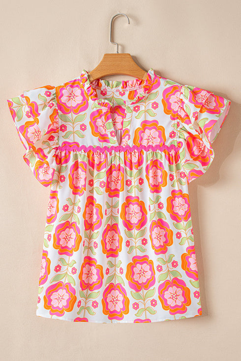 Floral Print Split Neck Ruffled Sleeve Ric Rac Trim Blouse
