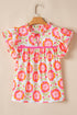 Floral Print Split Neck Ruffled Sleeve Ric Rac Trim Blouse