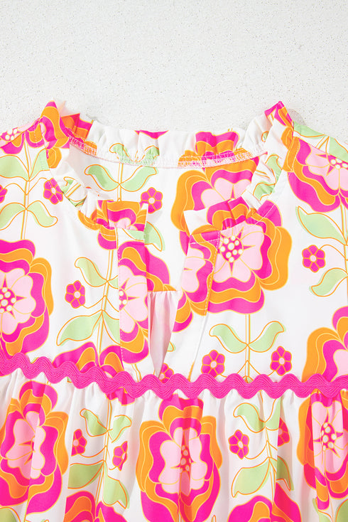 Floral Print Split Neck Ruffled Sleeve Ric Rac Trim Blouse