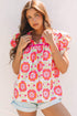 Floral Print Split Neck Ruffled Sleeve Ric Rac Trim Blouse