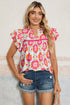 Floral Print Split Neck Ruffled Sleeve Ric Rac Trim Blouse
