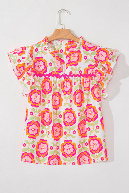 Floral Print Split Neck Ruffled Sleeve Ric Rac Trim Blouse