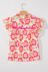 Floral Print Split Neck Ruffled Sleeve Ric Rac Trim Blouse