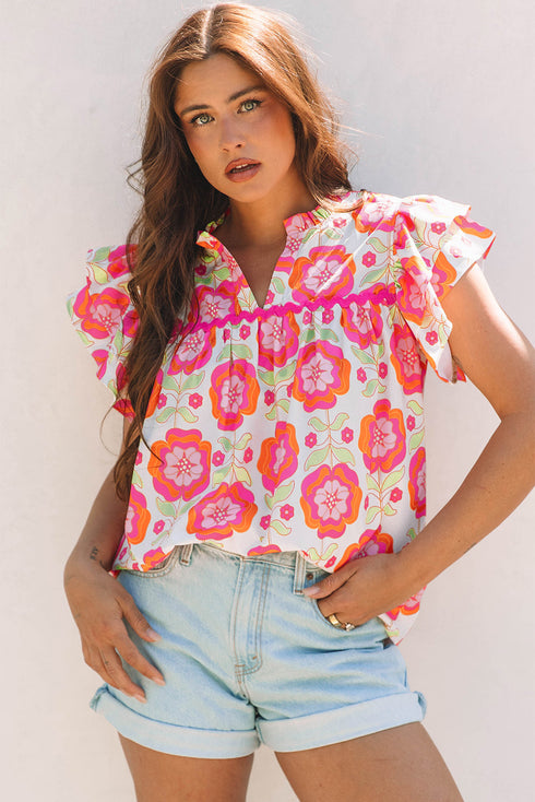Floral Print Split Neck Ruffled Sleeve Ric Rac Trim Blouse