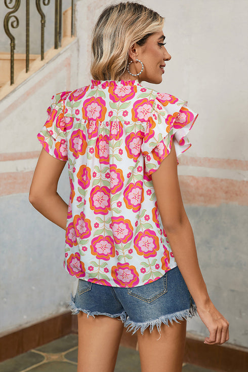 Floral Print Split Neck Ruffled Sleeve Ric Rac Trim Blouse