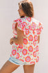Floral Print Split Neck Ruffled Sleeve Ric Rac Trim Blouse