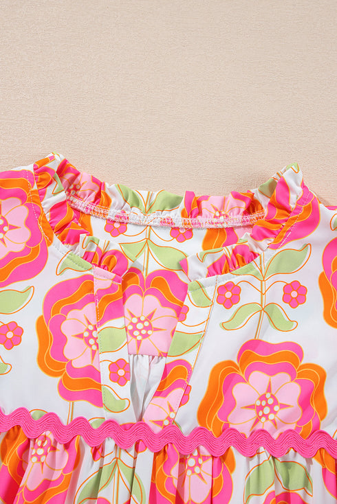 Floral Print Split Neck Ruffled Sleeve Ric Rac Trim Blouse
