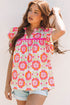 Floral Print Split Neck Ruffled Sleeve Ric Rac Trim Blouse