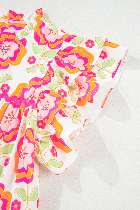 Floral Print Split Neck Ruffled Sleeve Ric Rac Trim Blouse