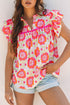 Floral Print Split Neck Ruffled Sleeve Ric Rac Trim Blouse