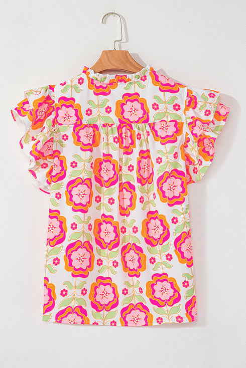 Floral Print Split Neck Ruffled Sleeve Ric Rac Trim Blouse