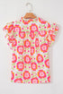 Floral Print Split Neck Ruffled Sleeve Ric Rac Trim Blouse