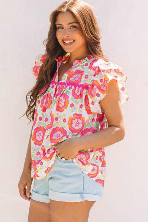 Floral Print Split Neck Ruffled Sleeve Ric Rac Trim Blouse