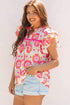 Floral Print Split Neck Ruffled Sleeve Ric Rac Trim Blouse