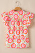 Floral Print Split Neck Ruffled Sleeve Ric Rac Trim Blouse