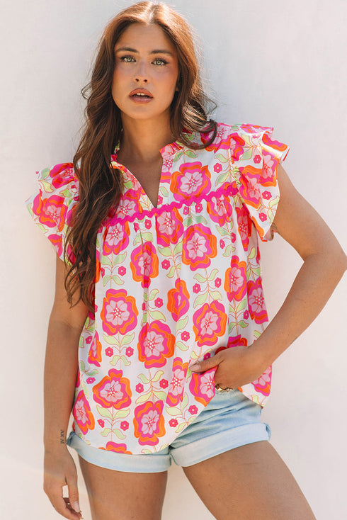 Floral Print Split Neck Ruffled Sleeve Ric Rac Trim Blouse