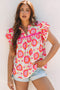 Floral Print Split Neck Ruffled Sleeve Ric Rac Trim Blouse