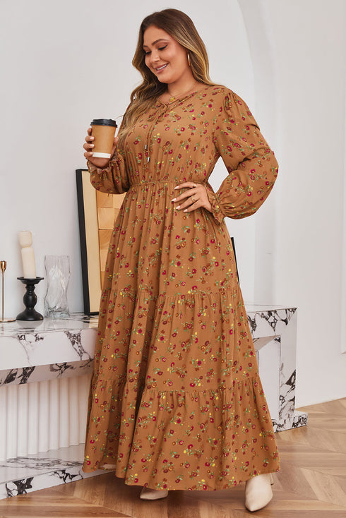 Floral Print Split Neck Ruffled Tiered Maxi Dress
