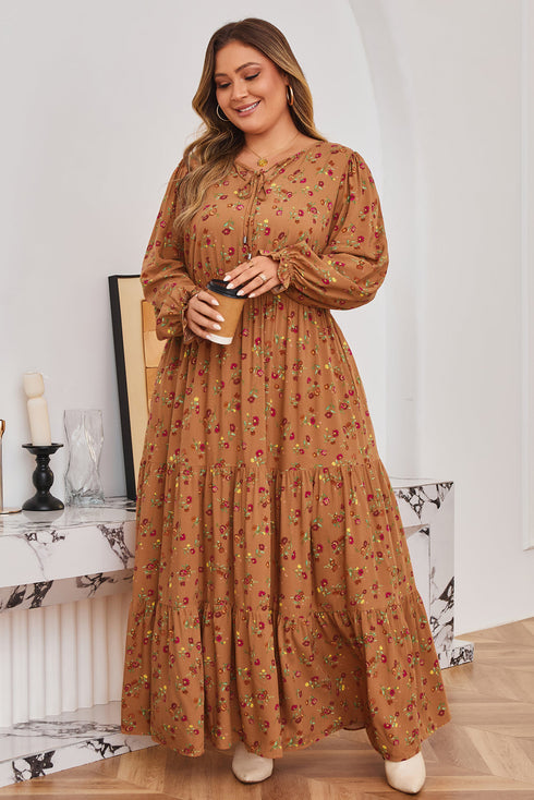Floral Print Split Neck Ruffled Tiered Maxi Dress