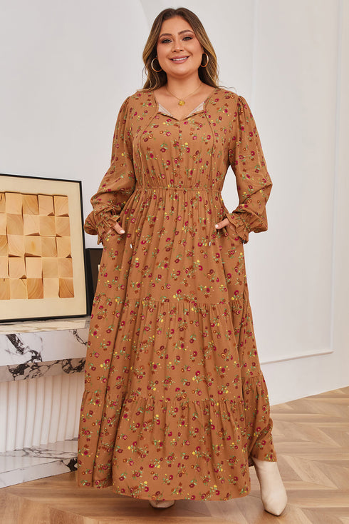 Floral Print Split Neck Ruffled Tiered Maxi Dress