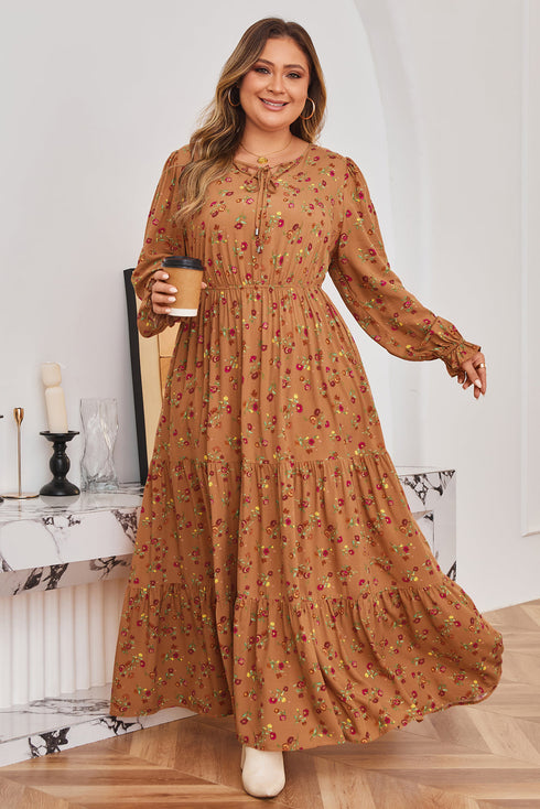 Floral Print Split Neck Ruffled Tiered Maxi Dress