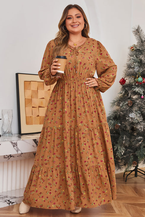 Floral Print Split Neck Ruffled Tiered Maxi Dress