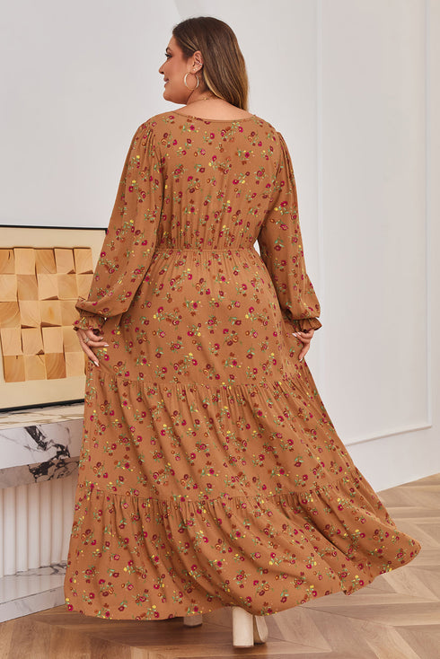 Floral Print Split Neck Ruffled Tiered Maxi Dress